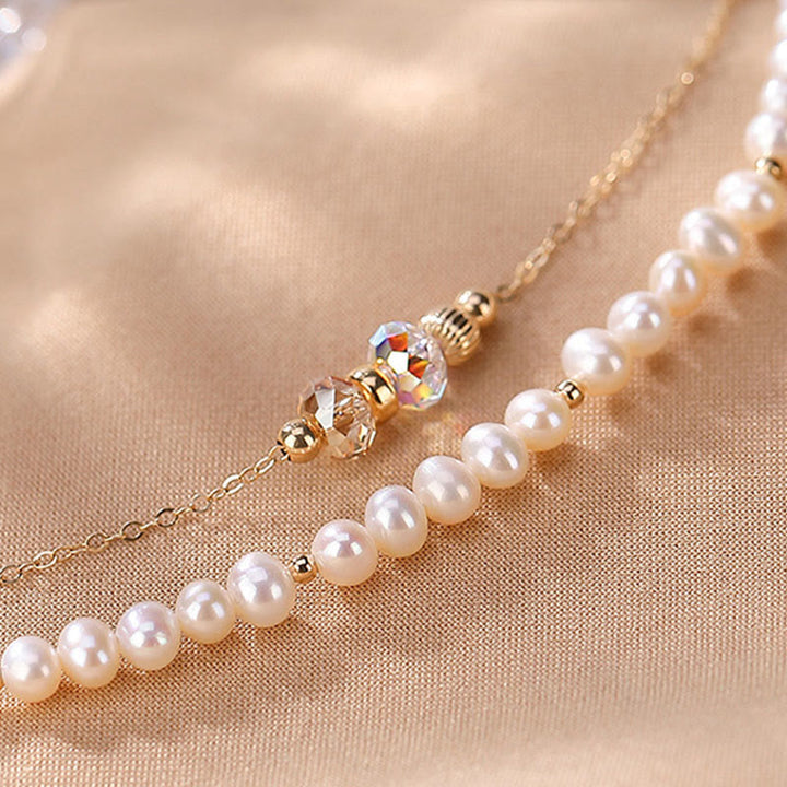 Buddha Stones925スターリングシルバー 14Kゴールドメッキ 天然パールクリスタル ヒーリング ダブルレイヤーブレスレット
