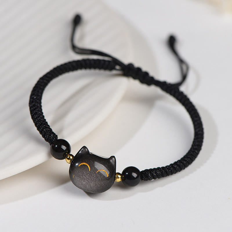 Buddha Stonesハンドメイド 天然銀光沢黒曜石 ストロベリークォーツ かわいい猫のお守り編み込みブレスレット - image 3
