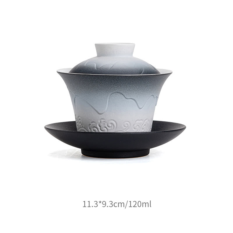 Buddha Stonesレトロブルーオーシャン海の波グラデーションセラミック蓋湾三彩ティーカップカンフーティーカップとソーサー蓋付き