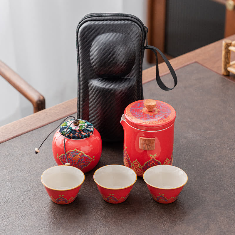 Buddha Stonesの花 中国 功夫陶器 ティーポット ポータブル アウトドア 旅行用 ティーセット バッグ