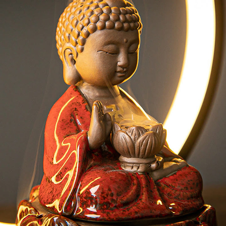 Buddha Stones仏陀 蓮 逆流 煙噴水 陶器 祝福 香炉 ライト装飾付き