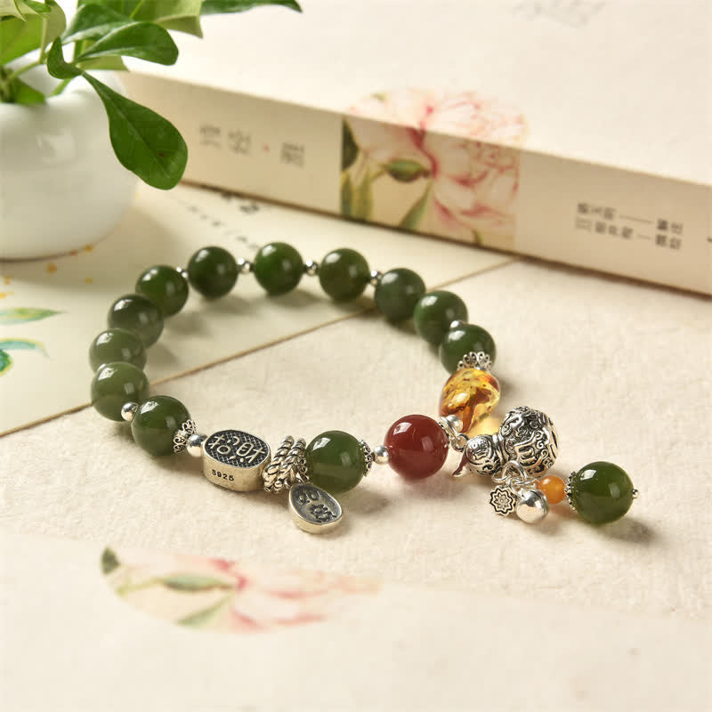 Buddha Stones 925スターリングシルバー 和田シアン翡翠ひょうたん琥珀成功ブレスレット