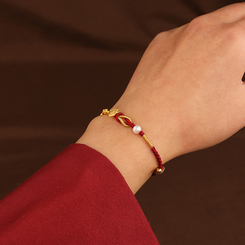 Buddha Stones24K ゴールド ウィッシュ 如意 ハンドル 福 キャラクター ウサギ パール 幸運 編み込み ブレスレット