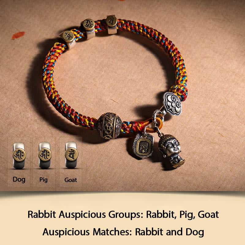 Buddha Stonesハンドメイド チベット 925 スターリングシルバー十二支誕生仏ザキラム 富の守護女神 マルチカラー ロープ編みブレスレット