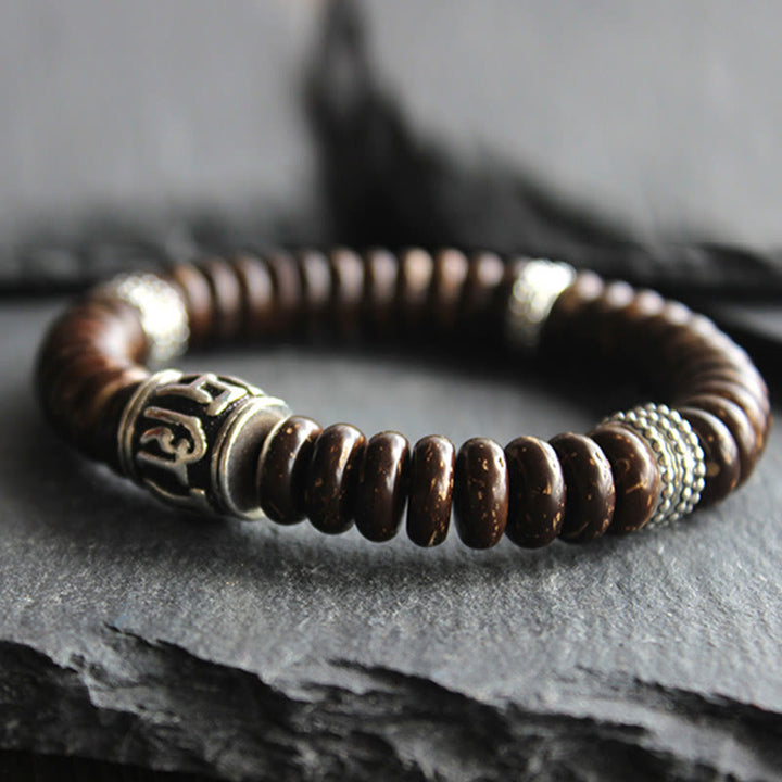 Buddha Stones天然チベットココナッツシェルオーム・マニ・パドメ・フム幸運を呼ぶブレスレット