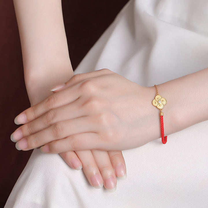Buddha Stones925スターリングシルバー ゴールドメッキ 四つ葉のクローバー ジルコン 幸運のブレスレット
