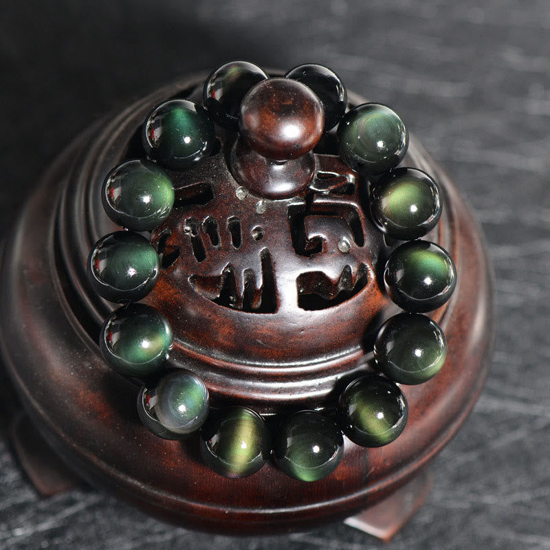 Buddha Stones天然グリーンアイオブシディアン富のブレスレット