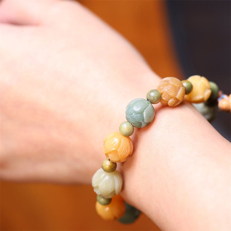 Buddha Stones菩提樹の実 蓮 緑白檀 知恵の調和ブレスレット