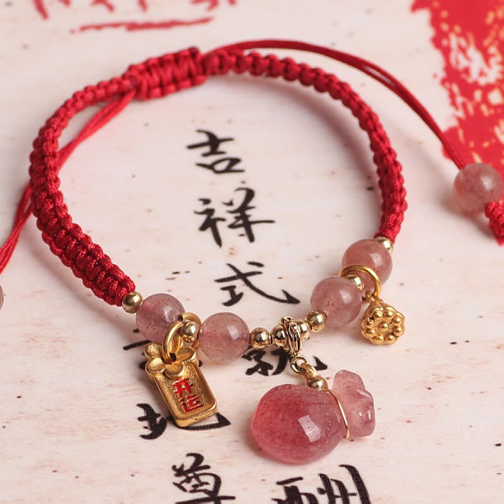 Buddha Stones天然ストロベリークォーツ マネーバッグ ロータス ヒーリングチャーム赤紐編み込みブレスレット