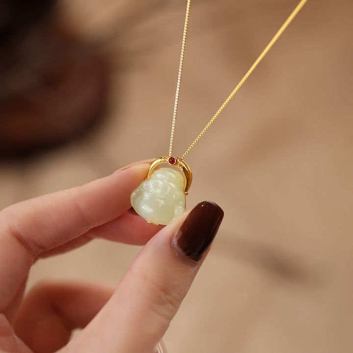 Buddha Stones925 スターリングシルバー 天然和田翡翠 笑う仏陀 豊穣のチェーンネックレスペンダント