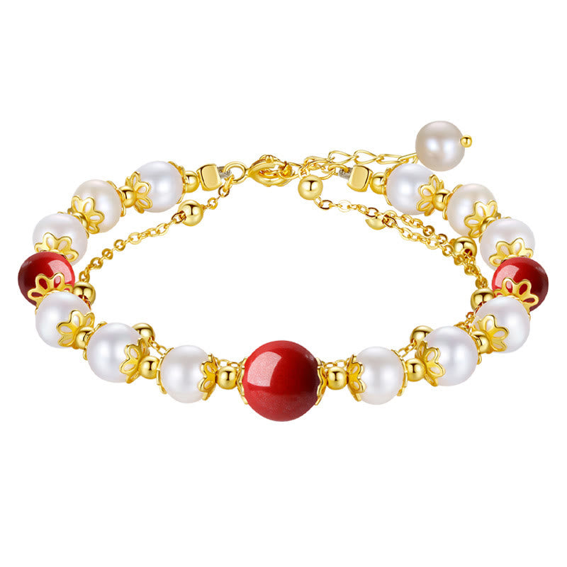 Buddha Stones925スターリングシルバー パール シナバー ウィズダムビーズ ダブルレイヤーチェーンブレスレット