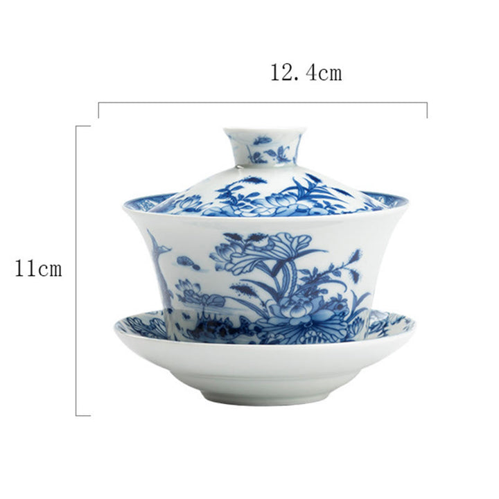 Buddha Stones青と白の磁器 蓮 鯉 獅子舞 スイカ 陶器 蓋碗 三彩 ティーカップ カンフーティーカップ＆ソーサー 蓋付き 300ml