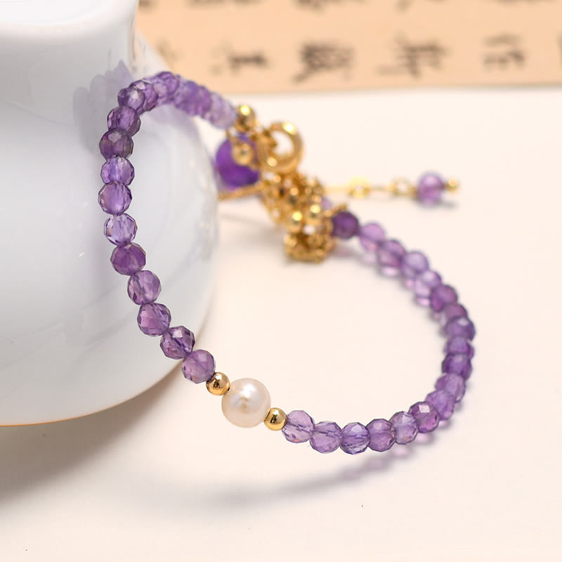 Buddha Stones14Kゴールドメッキ アメジストクリスタル ヒーリング ダブルレイヤーチェーンブレスレット