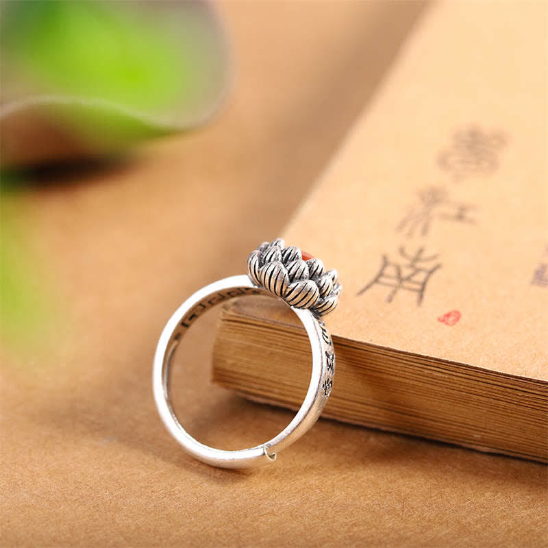 Buddha Stones 925スターリングシルバー ロータスレッドアゲート 自信の祝福リング