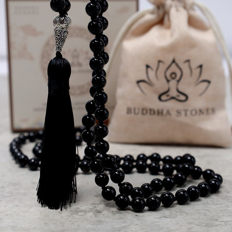 Buddha Stones 108Malaブラック オニキス ビーズ ヨガ 瞑想 祈り ビーズ ネックレス