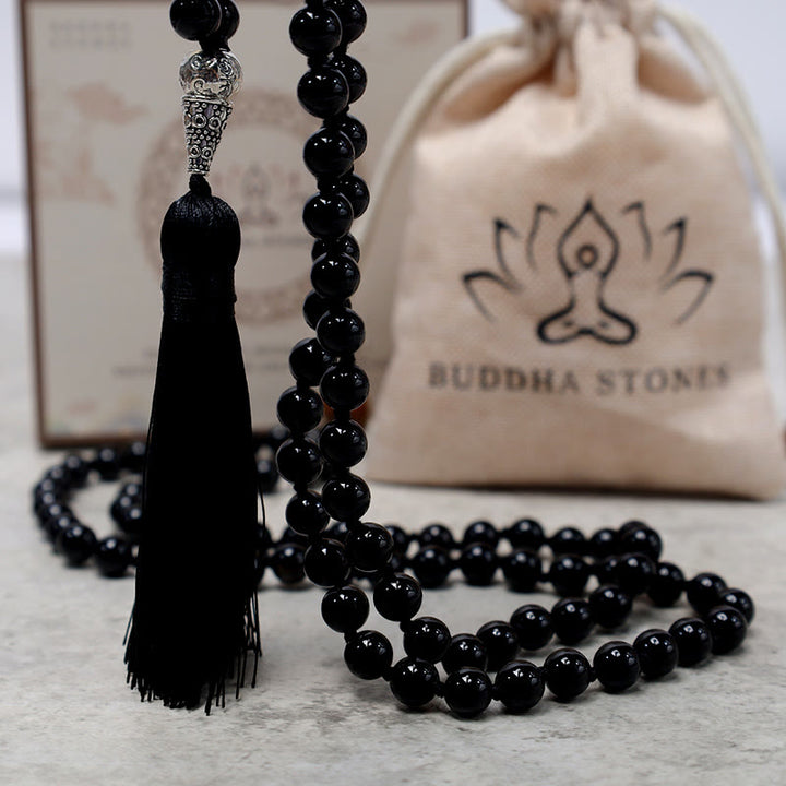 Buddha Stones 108Malaブラック オニキス ビーズ ヨガ 瞑想 祈り ビーズ ネックレス