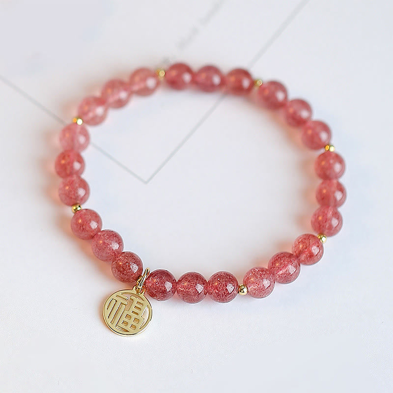 Buddha Stones14Kゴールドメッキ ストロベリークォーツ フーキャラクター ヒーリングチャームブレスレット