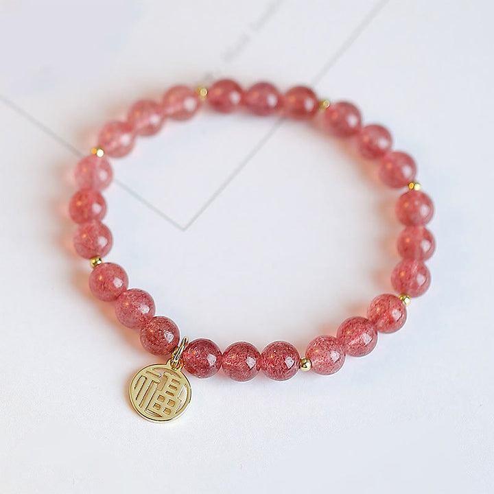 Buddha Stones14Kゴールドメッキ ストロベリークォーツ フーキャラクター ヒーリングチャームブレスレット