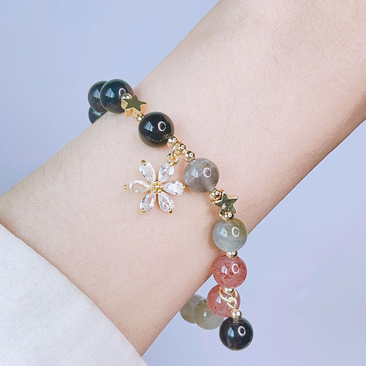 Buddha Stones天然銀光沢黒曜石 ラブハート スターフラワー 守護ブレスレット
