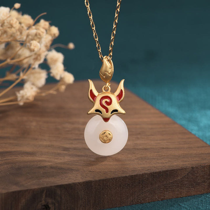 Buddha Stones白翡翠 キツネ 銅貨 守護 幸運 ネックレス ペンダント