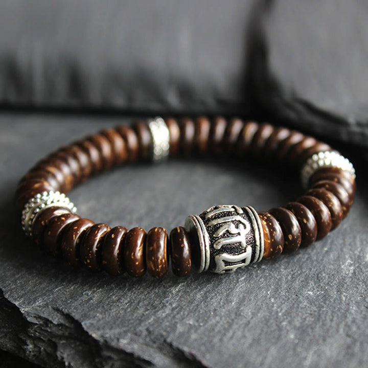 Buddha Stones天然チベットココナッツシェルオーム・マニ・パドメ・フム幸運を呼ぶブレスレット