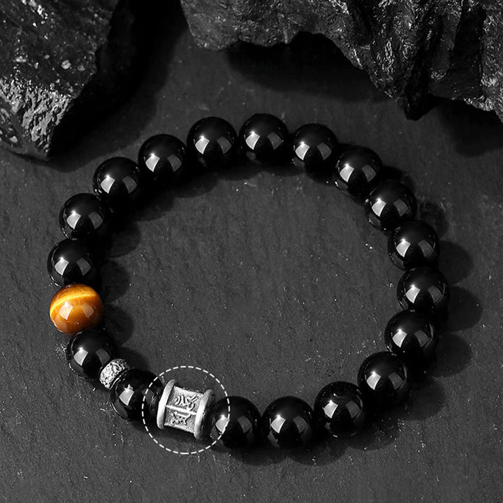 Buddha Stones999 スターリングシルバー ブラックオブシディアン タイガーアイオーム・マニ・パドメ・フムフルフィルメントブレスレット