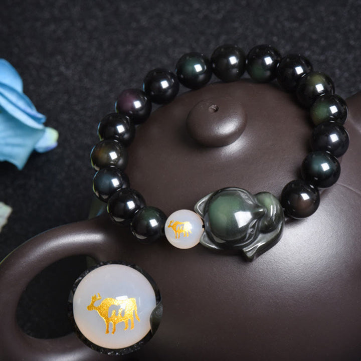 Buddha Stones天然レインボーオブシディアン ゴールドシーンオブシディアン シルバーシーンオブシディアン フォックスヒーリングブレスレット