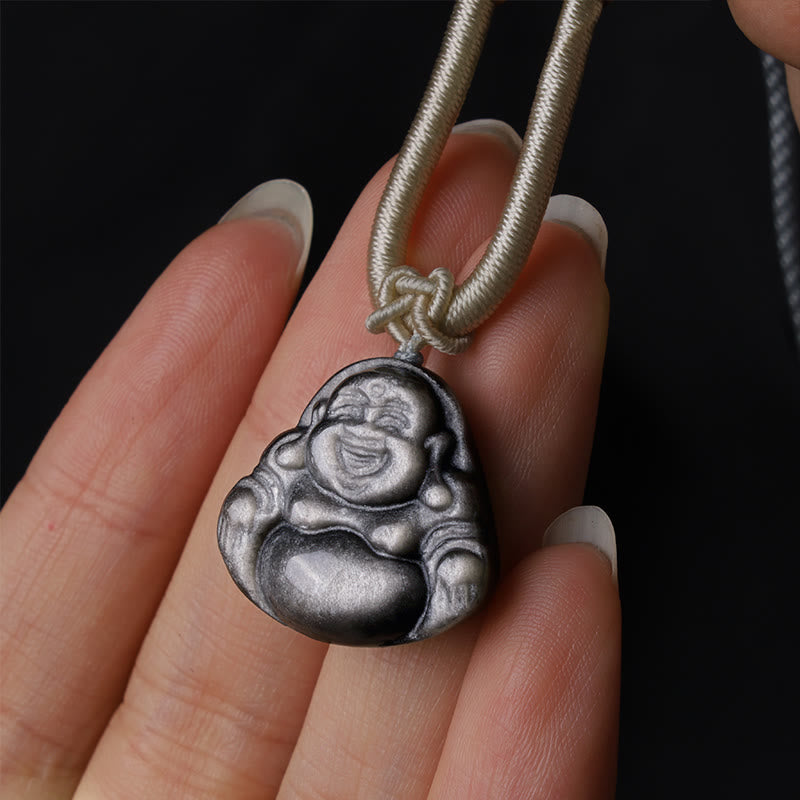 Buddha Stones天然銀光沢黒曜石 笑う仏陀 守護ネックレスペンダント - image 2