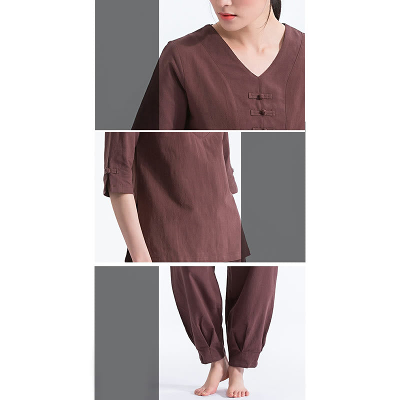 Buddha Stonesヨガ瞑想祈りVネックデザインコットンリネン服ユニフォーム禅練習レディースセット