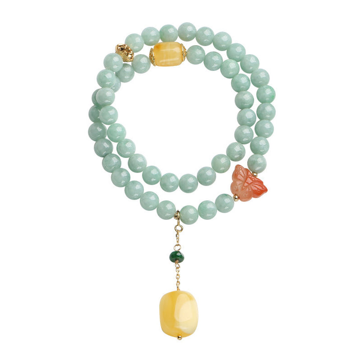 Buddha Stones925スターリングシルバー 天然翡翠 アンバー バタフライ 幸運の豊かさのブレスレット