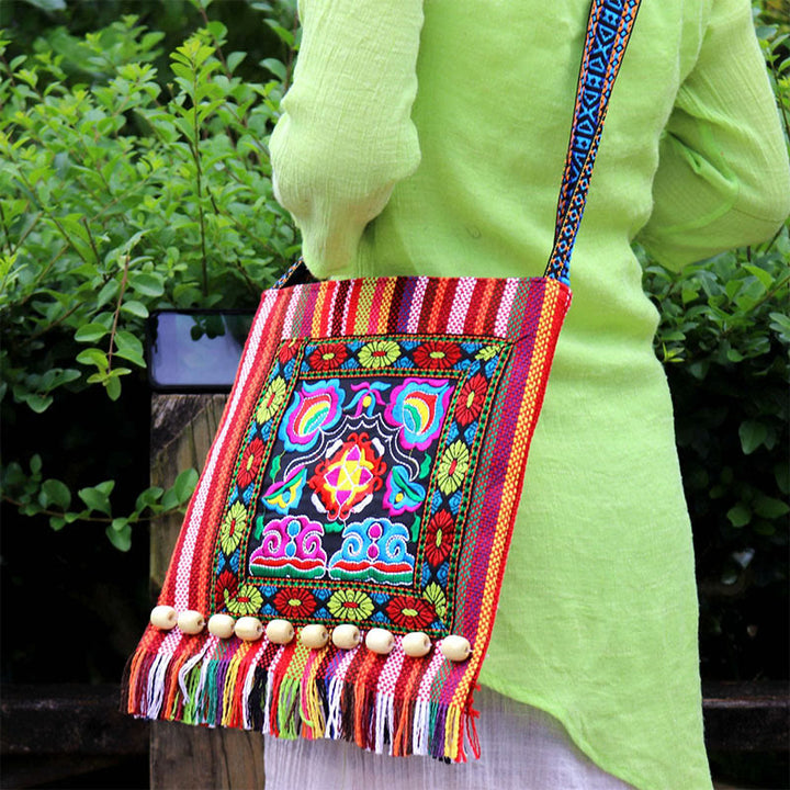 Buddha Stonesチベットのハンドメイド刺繍カメリアキャンバスショルダーバッグクロスボディバッグ