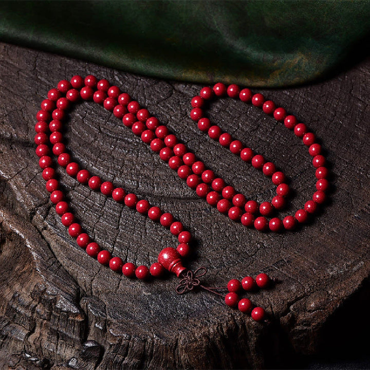 Buddha Stones 108Malaビーズ 辰砂Om Mani Padme Hum模様 刻印入り 祝福ブレスレット