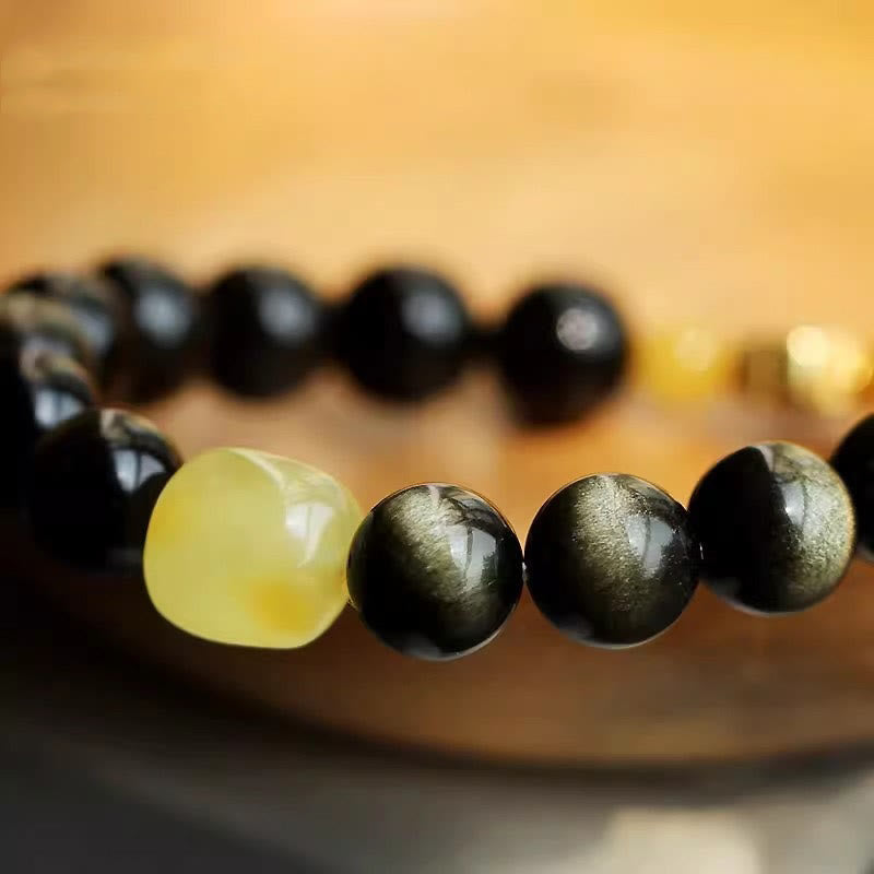 Buddha Stones925 スターリングシルバー十二支誕生仏天然金光沢 黒曜石 琥珀 富の守護ブレスレット