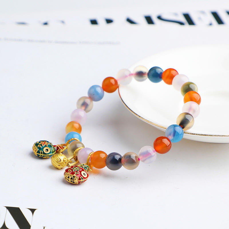 Buddha Stonesカラフル キャンディ瑪瑙 金 呑み込み獣 ファミリー 桃色 ハーモニー チャーム ブレスレット
