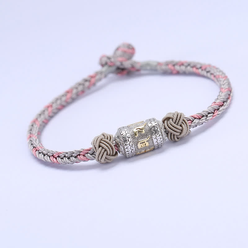 Buddha Stones925 スターリングシルバーオーム・マニ・パドメ・フム祈祷ホイール幸運 強さ赤紐ブレスレット