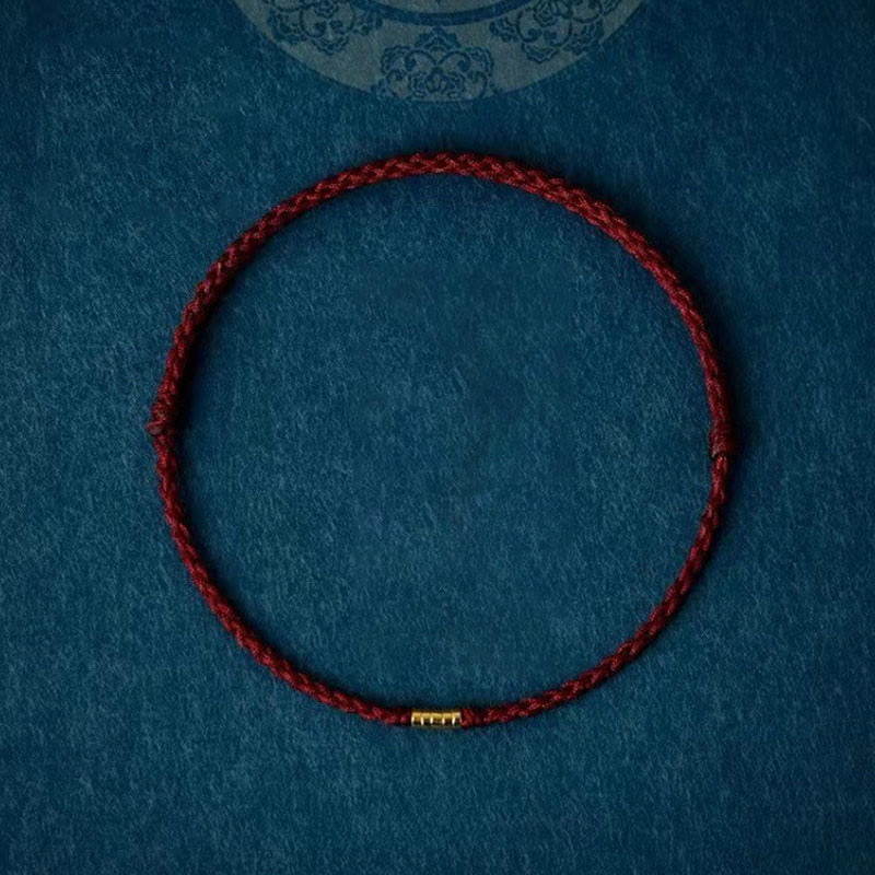 Buddha Stones925スターリングシルバー ラッキーゴールデンビーズ編み紐ブレスレット アンクレット - ダークレッド - アンクレット（アンクレット周囲径16～26cm） - image 0