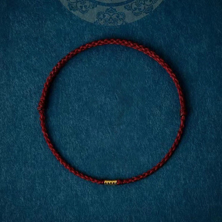Buddha Stones925スターリングシルバー ラッキーゴールデンビーズ編み紐ブレスレット アンクレット - ダークレッド - アンクレット（アンクレット周囲径16～26cm） - image 0