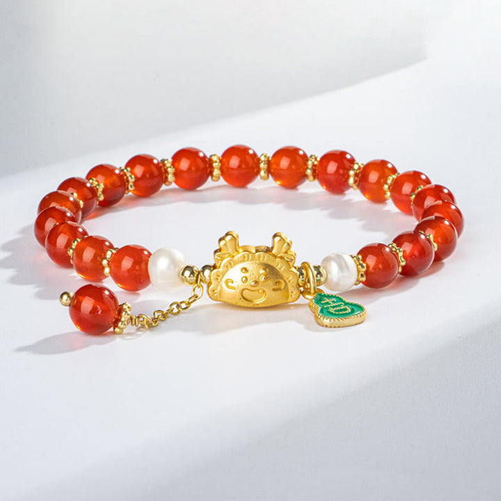 Buddha Stonesの年を表す天然石、赤瑪瑙、ピンククリスタル、黒オニキス、団子型の幸運のキャラクターブレスレット