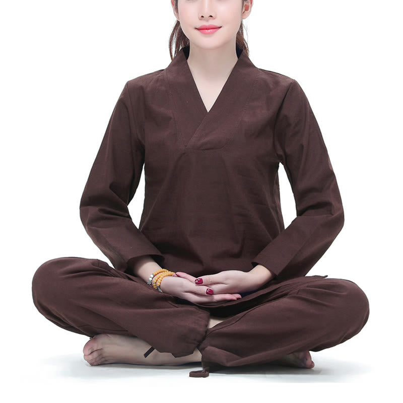Buddha Stones禅 練習 ヨガ 瞑想 祈り Vネックデザイン ユニフォーム コットンリネン 服 レディース セット - 茶色 - US6、 UK/AU10、EU38（2XL） - image 10