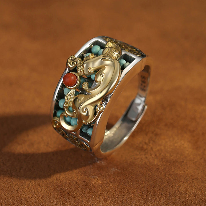 Buddha Stones 925スターリングシルバー ターコイズ レッドアゲート 貔貅 そろばん 守護リング