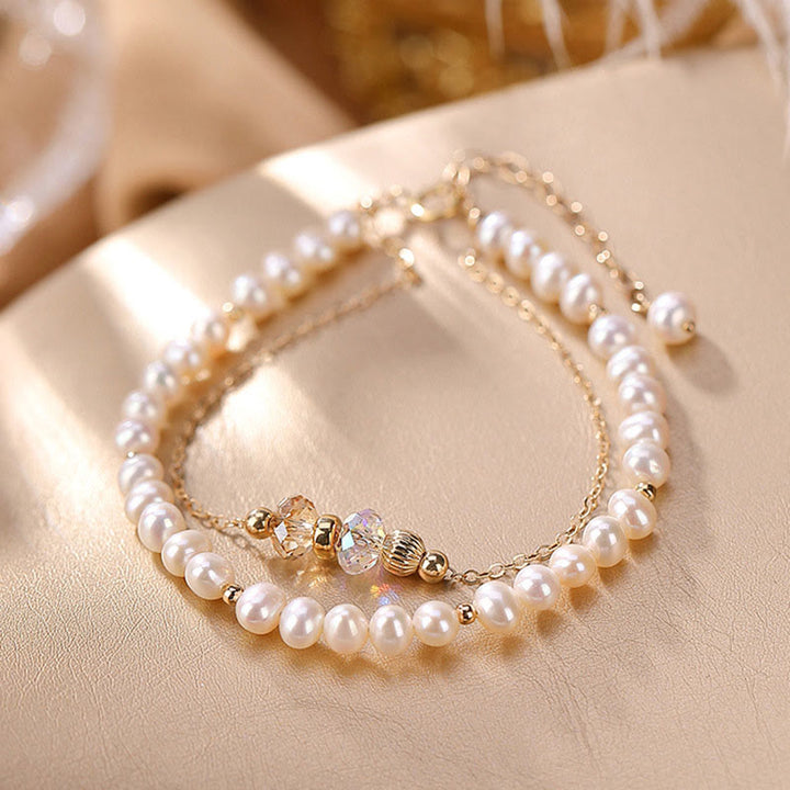 Buddha Stones925スターリングシルバー 14Kゴールドメッキ 天然パールクリスタル ヒーリング ダブルレイヤーブレスレット