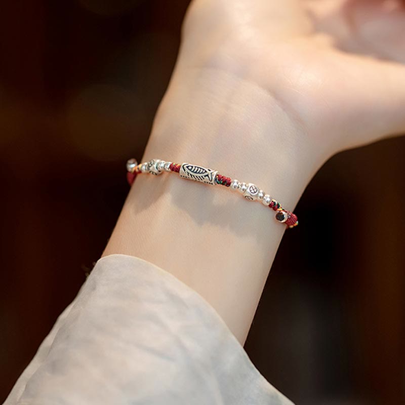 Buddha Stones925 スターリングシルバー 幸運の鯉 編み込み カラフル ストリング ブレスレット アンクレット