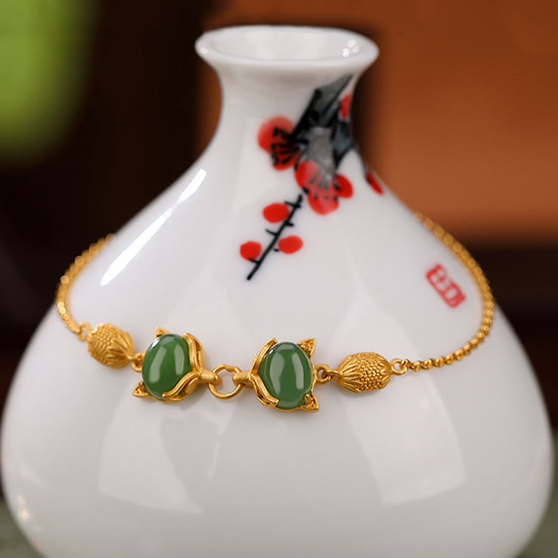 Buddha Stones925 スターリングシルバー 天然和田白翡翠 シアン翡翠 愛らしいキツネの幸運のブレスレット