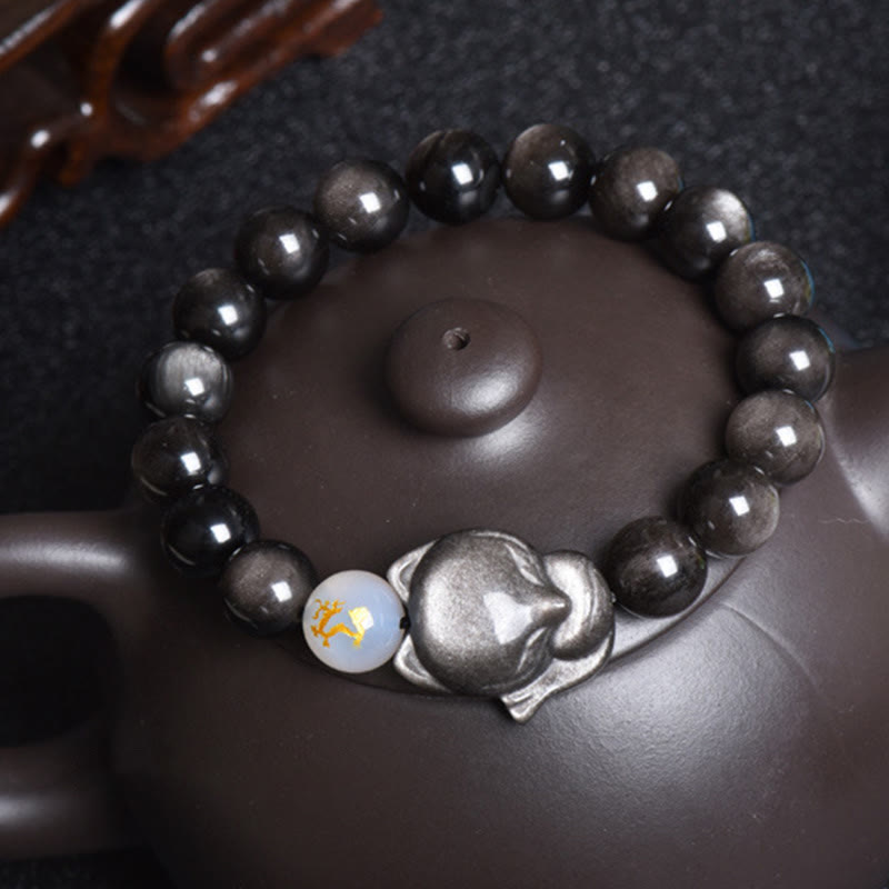 Buddha Stones天然レインボーオブシディアン ゴールドシーンオブシディアン シルバーシーンオブシディアン フォックスヒーリングブレスレット