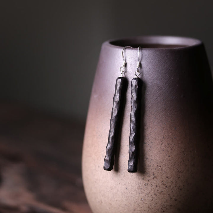 Buddha Stones925スターリングシルバー エボニーウッドテクスチャ バランスピースドロップダングルイヤリング