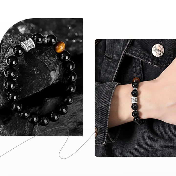 Buddha Stones999 スターリングシルバー ブラックオブシディアン タイガーアイオーム・マニ・パドメ・フムフルフィルメントブレスレット - image 9