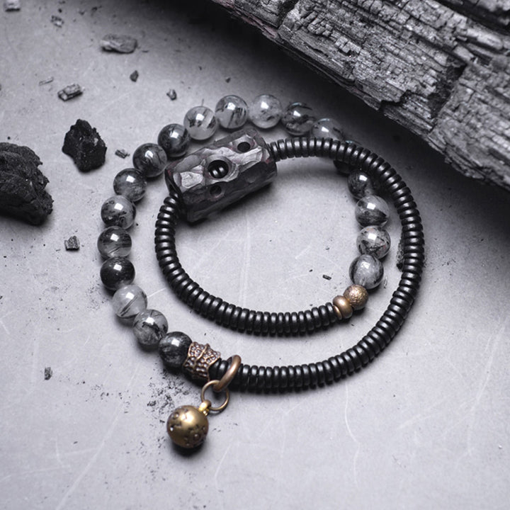 Buddha Stonesブラックルチルクォーツ 黒檀 木 銅 知恵 カップル ブレスレット