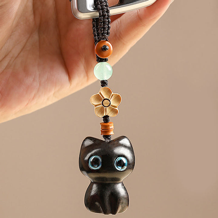 Buddha Stonesミニ小葉紫檀黒檀キャットラブリーキティピースキーチェーン電話吊り下げ装飾 - image 7