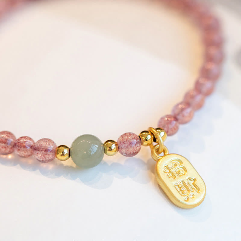 Buddha Stones天然ストロベリークォーツガーネット翡翠幸運福キャラクターヒーリングチャームブレスレット