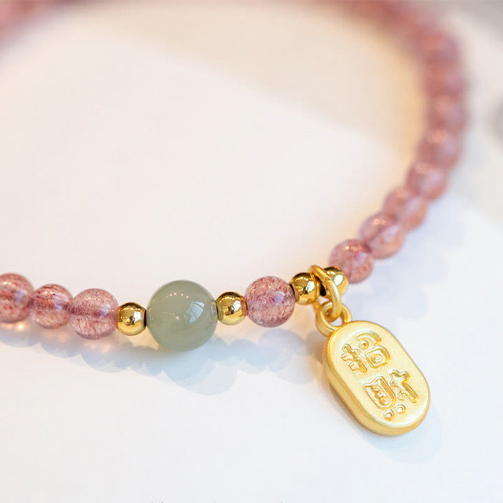 Buddha Stones天然ストロベリークォーツガーネット翡翠幸運福キャラクターヒーリングチャームブレスレット